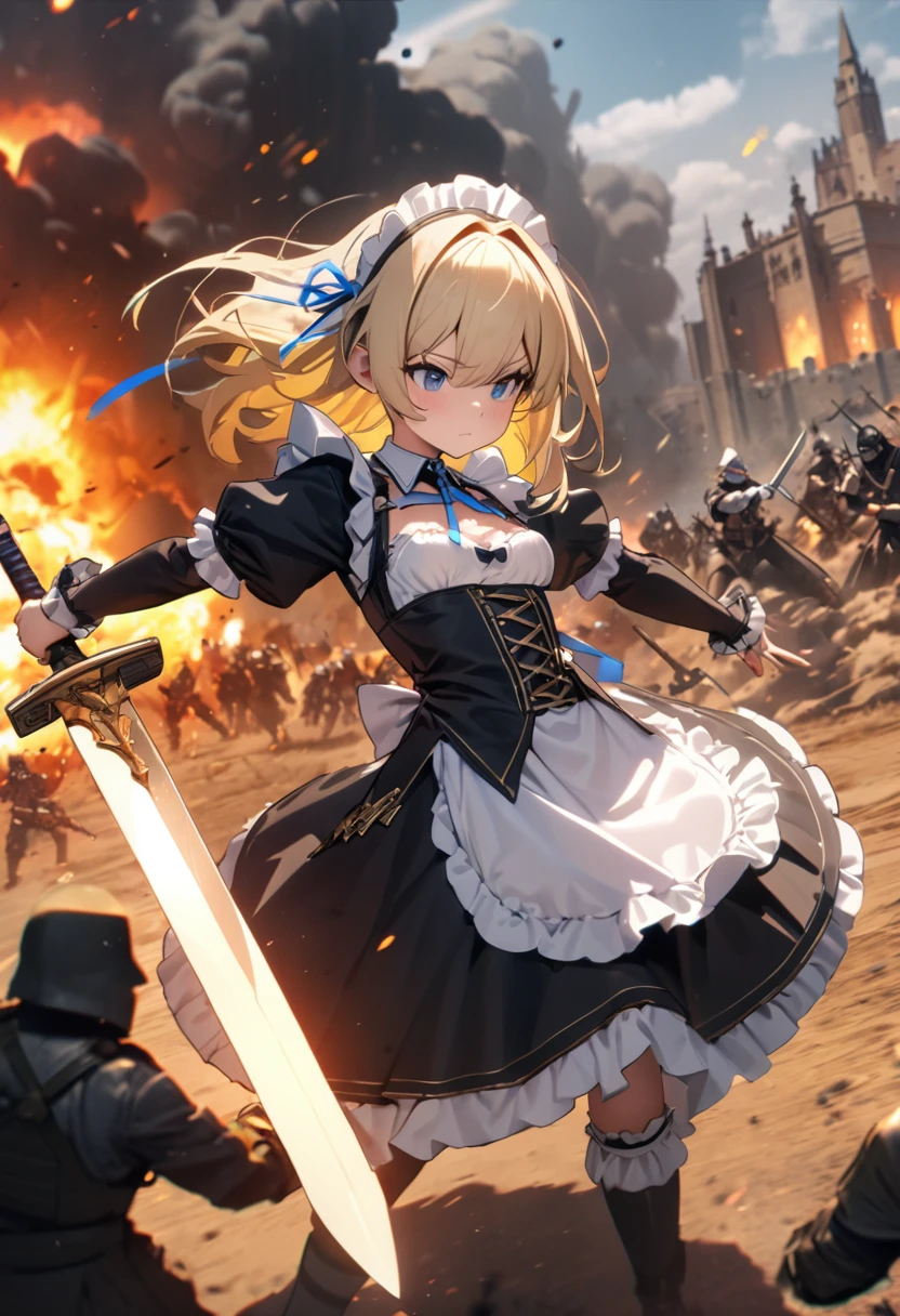 (8k, super high quality, masterpiece:1.2)Ultra-high resolution, One Girl, cute, strong, Blonde, Small breasts,  black dress to hang your body,  White Apron , Blue ribbon, Gold A-line, Gold accents, Gothic maid outfit, long, Burning Battlefield, Castle Defense, explosion, Big two-handed sword, (Western-style sword, ), Sword competition, A strong enemy in front of me, Deadly Combat, Cornered, I&#39;m somehow managing to protect it all by myself., be cut by a sword, Torn Apron、Torn clothes、Dirty clothes、Dirty with ash or soot、Dirt all over the body、scratch、Blood、Brandishing a sword with both hands、