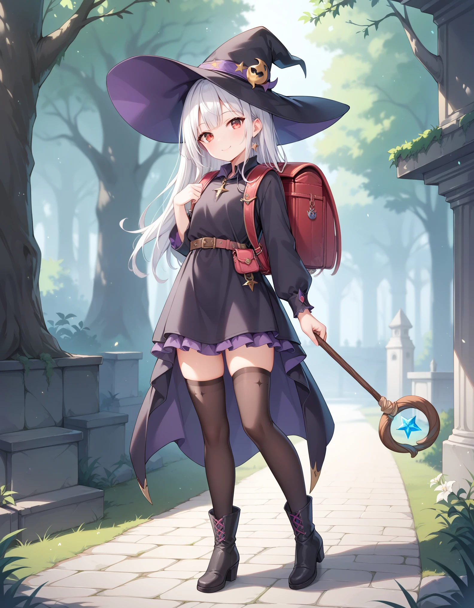 Masterpiece, hd, 2d, top-quality, full body, witch's hat, Belt to hat, white hair, long hair, Smooth straight hair, , smile, red eyes, a closed mouth, witch's robe, Witch's Wand, outdoor, Petite,  , Witch's Boots, looking at viewer, contrasted, wearing randoseru backpack, (backpack:1.2), wearing thighhighs 