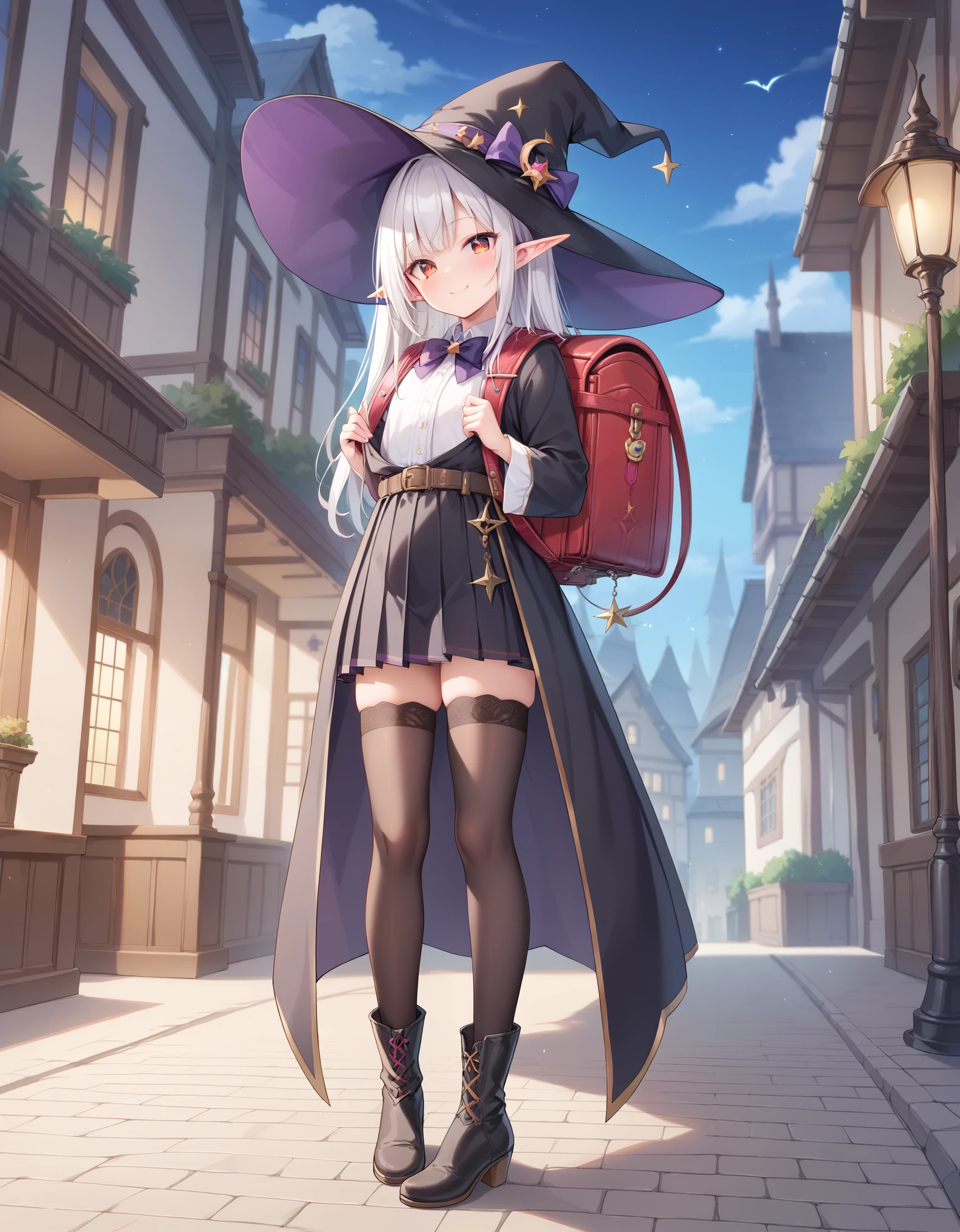 Masterpiece, hd, 2d, top-quality, full body, witch's hat, Belt to hat, white hair, long hair, Smooth straight hair,elf, pointed ears , smile, red eyes, a closed mouth, wearing white collared shirt, bowtie, brown pleated skirt, witch's robe, Witch's Wand, outdoor, Petite,  , wearing Witch's Boots, wearing randoseru backpack, (backpack:1.2), wearing thighhighs, fullbody