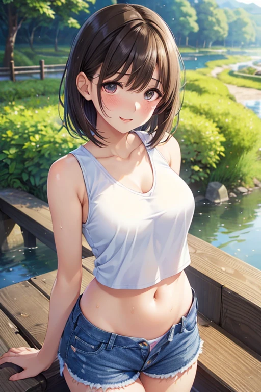 Girl、Black Hair、short hair、Short sleeve、denim、summer、smile