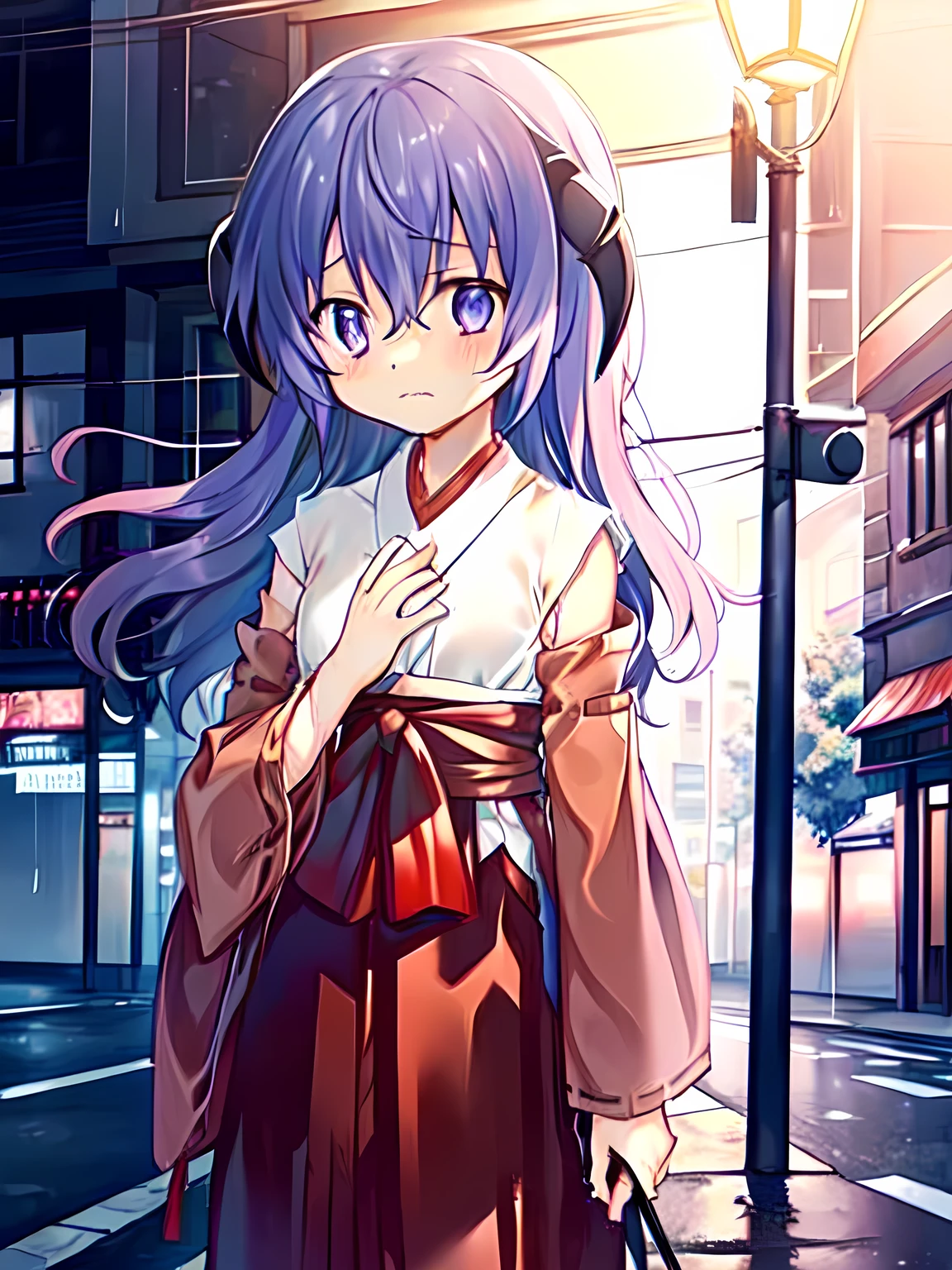 Sad Atmosphere, 1girl, Alone, hakama, miko, City in the Rain ,  Woman Standing Without an Umbrella , Wet hair and clothes, Cold look,  Streetlight Reflects Vaguely,  Quiet Street with No Traffic 