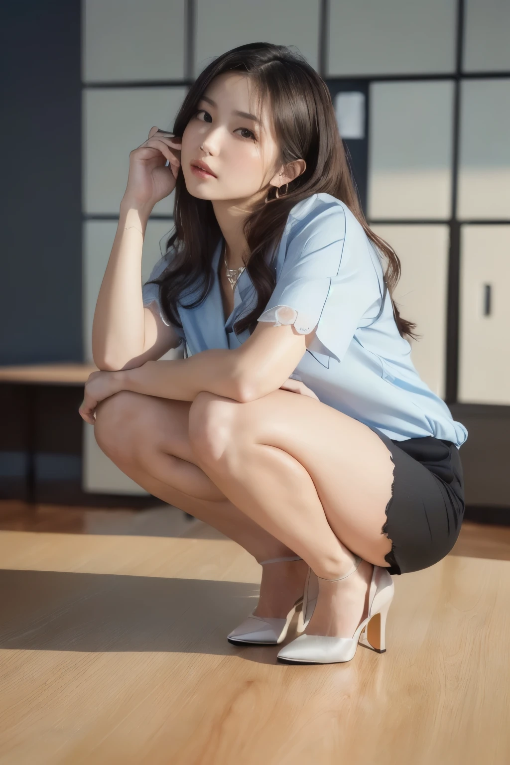 (masterpiece:1.3), (8K, actual, original photo, best quality: 1.4), (1 female),(Sheer silk shirt), (short skirt), (짙은색 actual 팬티 스타킹),   (wear), (wear), (High heel),  (High heel),  (very sexy),   (full-body shot),  (beautiful makeover), (유난히 아름다운 actual 얼굴), (Build a beautiful body) , (pretty face), (pretty face),  (long eyelashes),  (double eyelids), (Large bust)  ,  (Strengthen your body through exercise),  (beautiful abs),   (beautiful pile),  (High),  (Such a beautiful body),  (actual face), (black hair. broke up, long hair:1.3), (아름다운 broke up스타일), (actual eyes), (Really beautiful and delicate eyes), (actual skin), (beautiful skin), (exposed),    (absurd), (attractive), (ultra high resolution), (extremely actual), (Very detailed), (golden ratio), (actual 긴 다리),  (actual 팔),  (necklace),  (earrings),(beautiful nails manicure), (so beautiful and sexy)