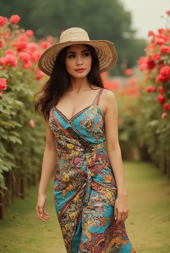 professional photo of tv_Alina_Sanko_M, , , serene expression, wearing an elegant colorful summerdress, walking through an ornate rose garden, noon, summer, colorful butterflies, ((cowboy shot)),, 8k resolution, highres, high detail, sharp focus, detailed skin, 8k uhd, bokeh, analog photography,