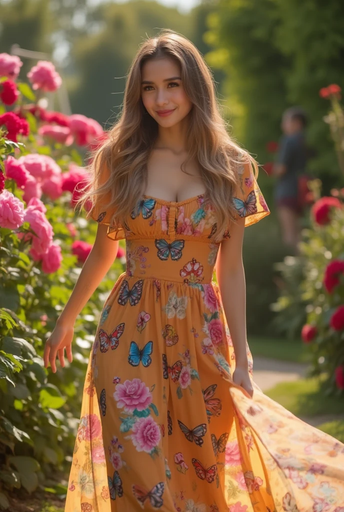 professional photo of tv_Alina_Sanko_M, , , serene expression, wearing an elegant colorful summerdress, walking through an ornate rose garden, noon, summer, colorful butterflies, ((cowboy shot)),, 8k resolution, highres, high detail, sharp focus, detailed skin, 8k uhd, bokeh, analog photography,