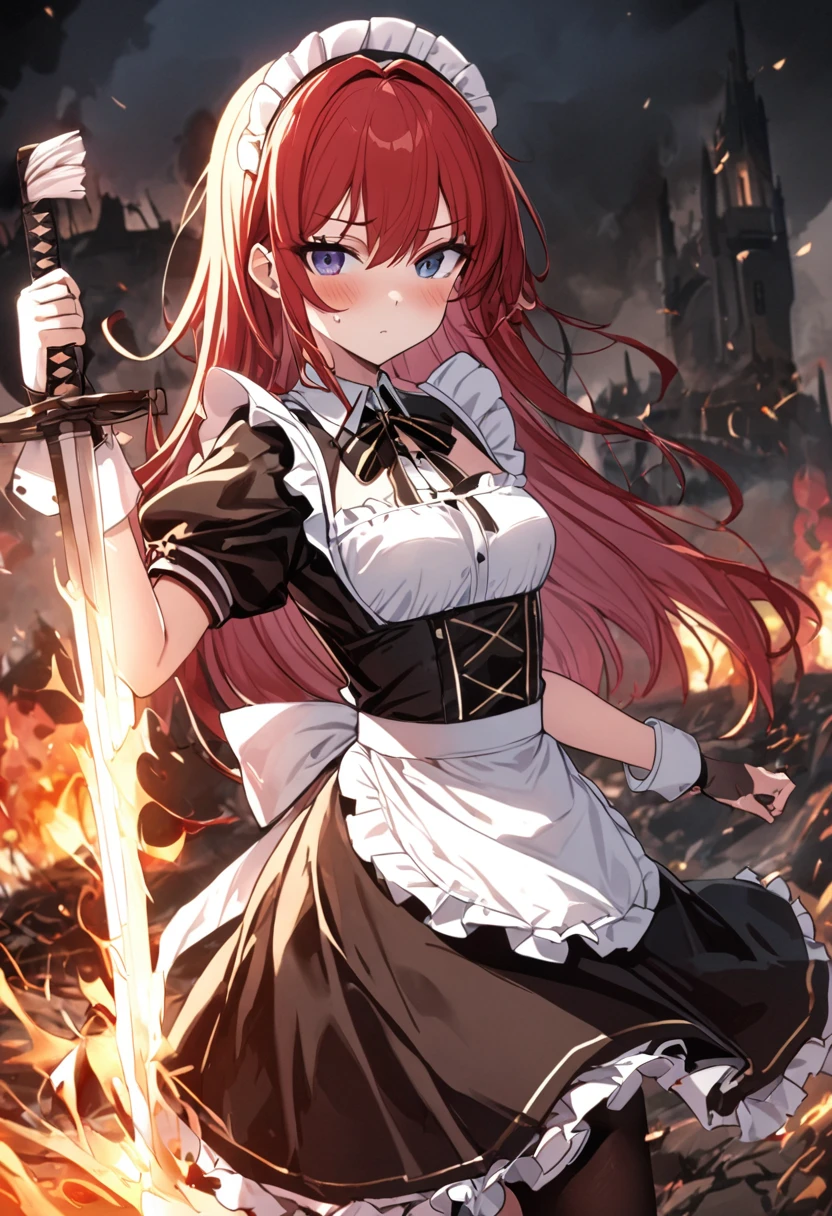 (8k, super high quality, masterpiece, )Ultra-high resolution, One Girl, cute, strong, Blonde, Small breasts,  black dress to hang your body,  White Apron , Blue ribbon, Gold Line, (Gold accents), Gothic maid outfit, long, Burning Battlefield, Castle Defense, explosion, Big two-handed sword, (Western-style sword, ), Sword competition, A strong enemy in front of me, Deadly Combat, Cornered, be cut by a sword, Torn Apron、Torn clothes、Dirty clothes、Dirty with ash or soot、Dirt all over the body、scratch、Blood、Brandishing a sword with both hands、