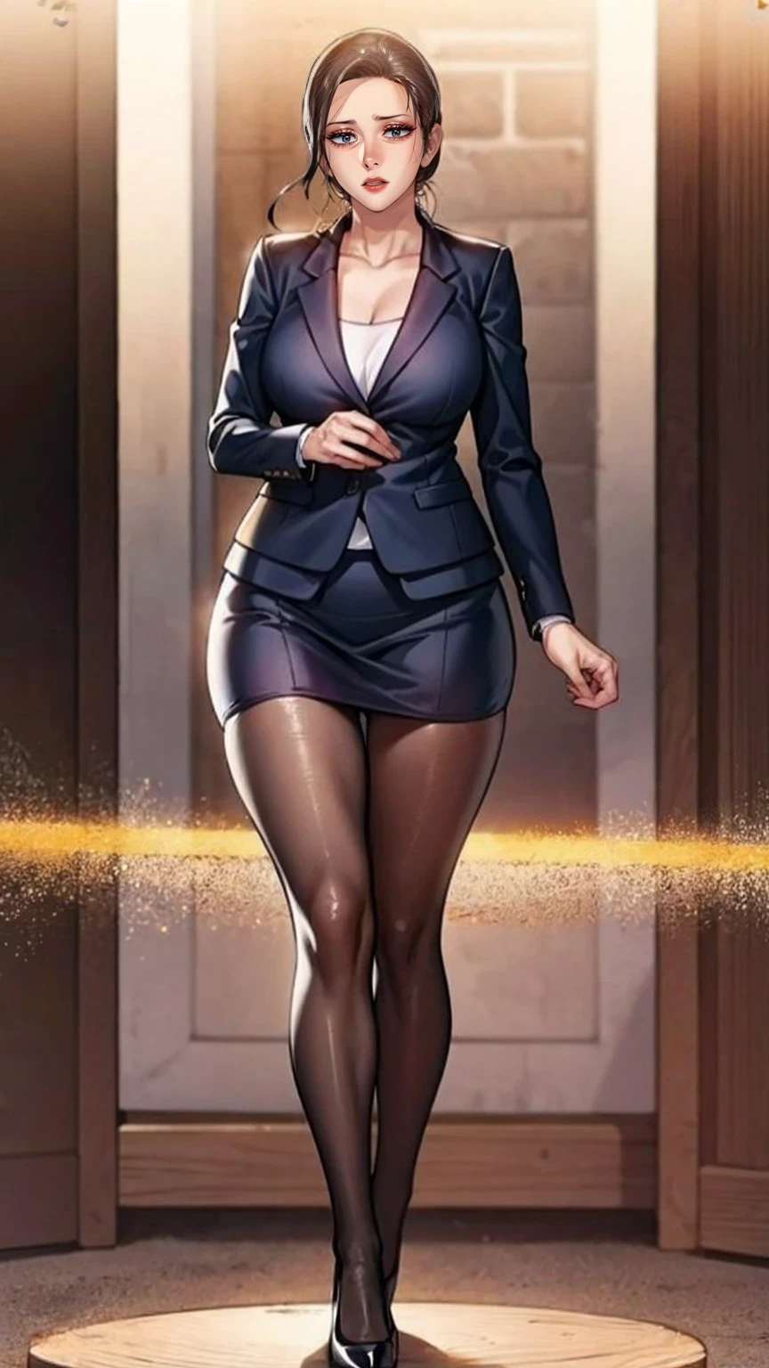 (masutepiece,High quality,16k:1.1),(depth of fields:1.3) ,((front body:1.35)),German ,Woman, ((business suit, mini skirt)), tights,huge breasts, voluptuous, thicc, curvy,(Looking at Viewer:1.3),(full body shot:1.2),(Beautiful Morning view of town:1.2), tall. sexy, mini skirt, pantyhouse, long sexy legs, cleavage