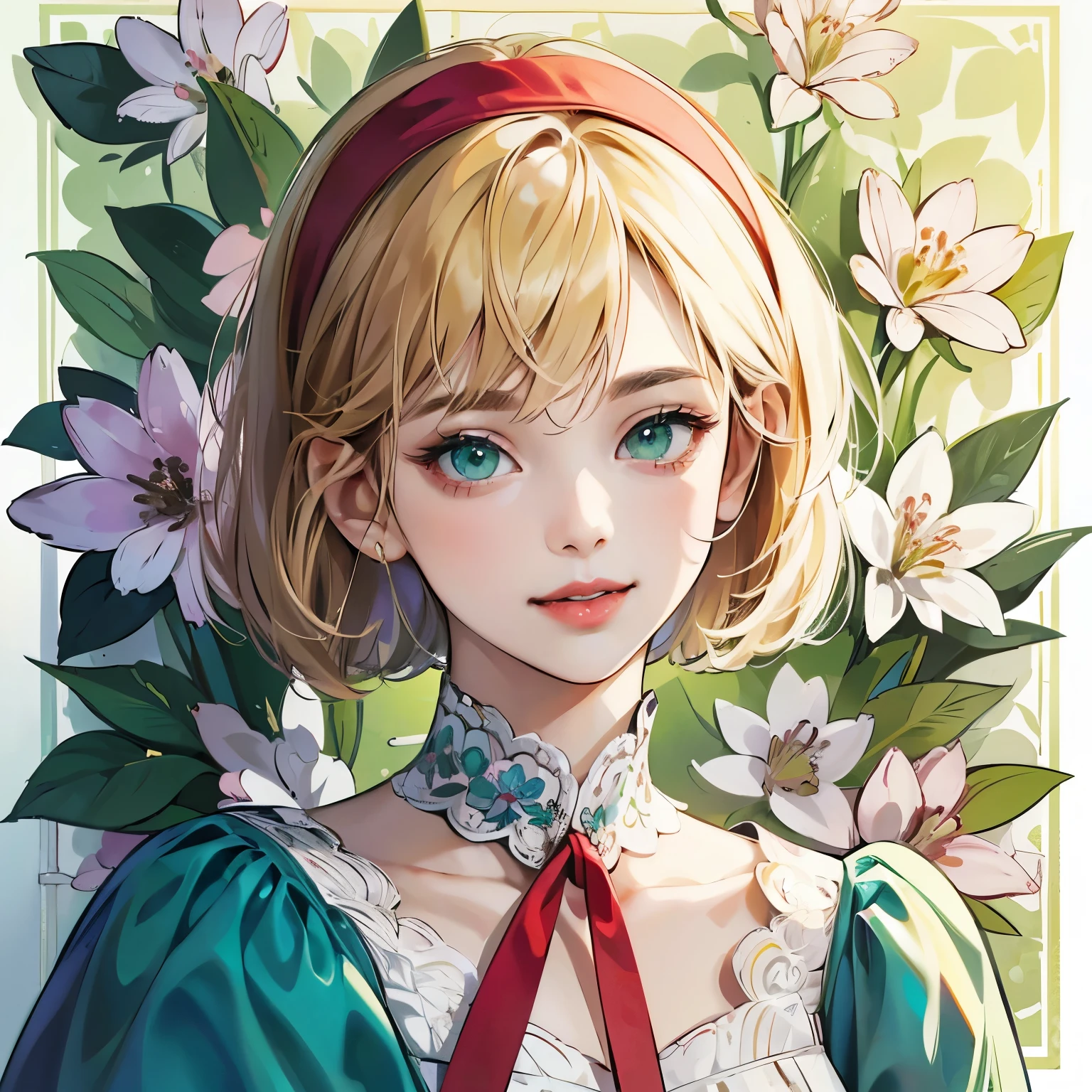 4k, (masterpiece), best quality,Natural Light,  high quality, 1 young girl, pretty, beautiful, cute girl, (((portrait))), no makeup, short eyelashes, blond hair, bob hair, green eyes, (bob haircut), opened mouth, girl wearing square neck and short puff sleeve dress,  (flower wall background), red lip, smile face, hair band, red cheek, ((Creative Framing))