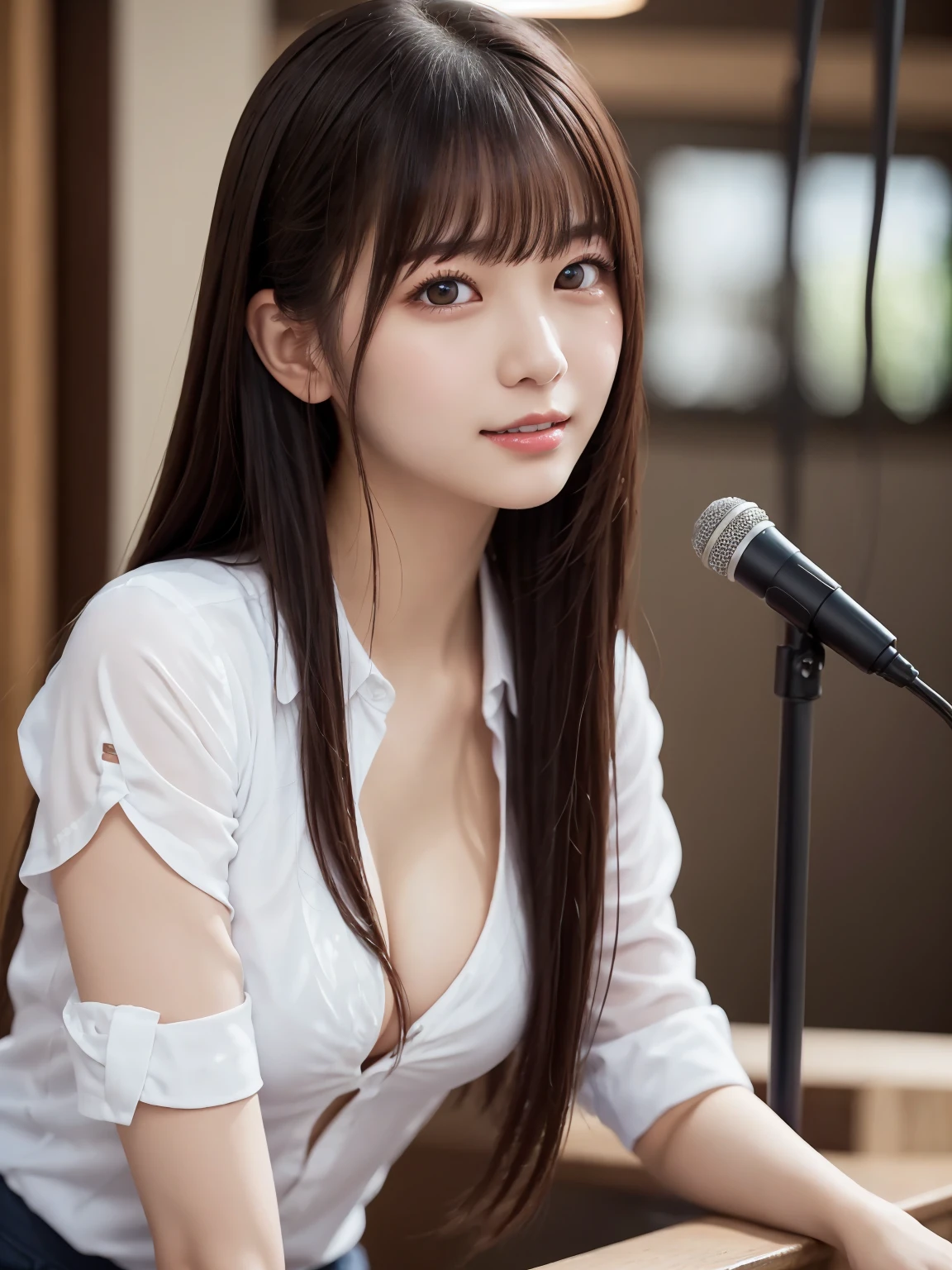 White Shirt、Complex and beautiful eyes、woman、(stand up : 2.0)、Womanly black hair、(Delicate and realistic hair、1 bottle１Realistic hair)、bangs、Natural Color Lip、smile、((White indoor))、indoor、((18歳woman:1.2))、Young and adorable Japanese face, Official Art，Highly detailed CG Unity 8k wallpaper，（masterpiece:1.0),(Best Quality:1.0), 超High resolution,4K,Very detailed, photo shoot, 8k, nffsw, High resolution, Kodak Portrait 400, Film Grain, Lens flare glow,高いest quality,8k,nffsw:1.2),Portrait Shot,8k、Show Viewer, (((Front View))), ((Facing))、Body facing forward、Bold cleavage、Firm breasts、Small face, ((Bare legs))、Highest quality、Super beautiful images, yellow race, upper body, yellow race, (upper body : 2.0)