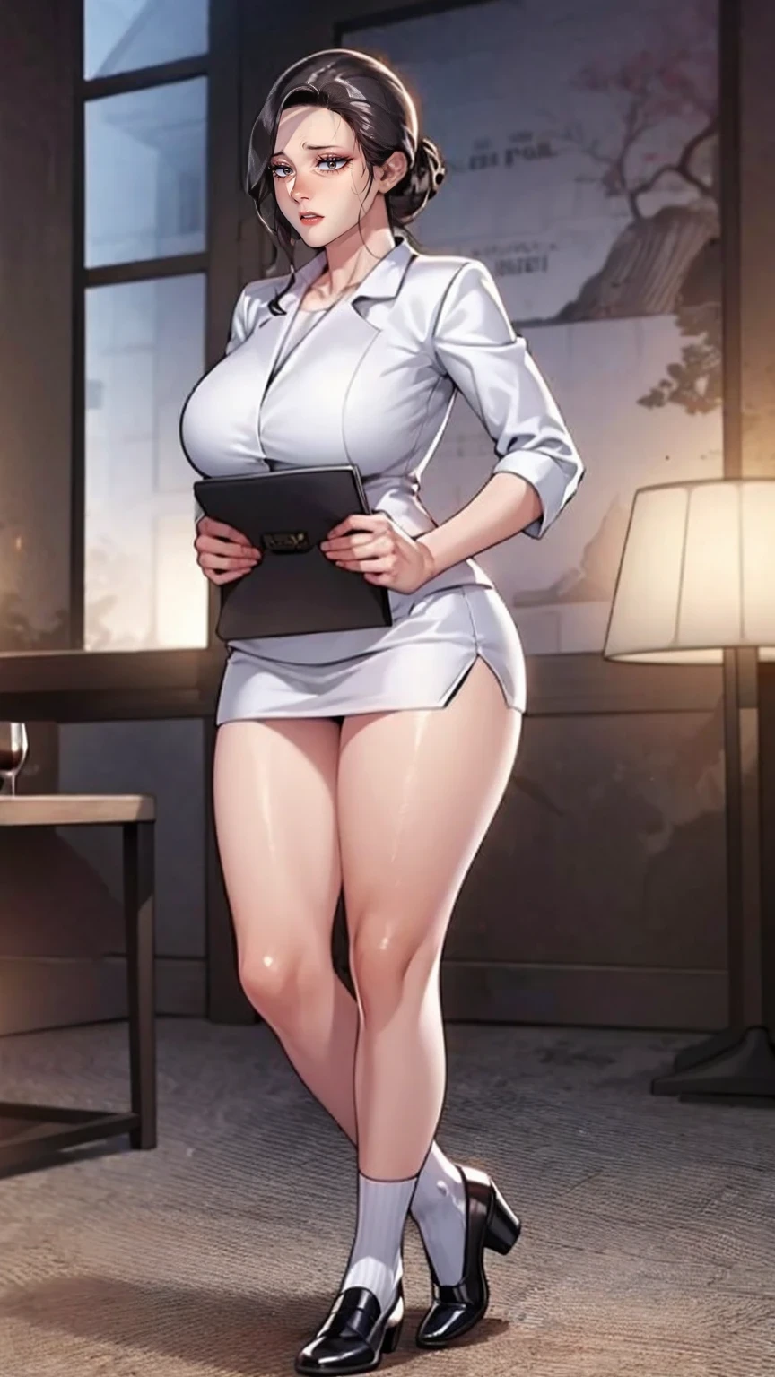 (mesa,high quality,16k:1.1),(Depth of fields:1.3) ,((front body:1.35)),German ,women, ((Business suit, mini skirt)), socks,huge breasts, voluptuous, thick, curves,(looking at the viewer:1.3),(full body shot:1.2),(Beautiful morning view of the city:1.2), high. sexy, mini skirt, pantisocks, long sexy legs, neckline