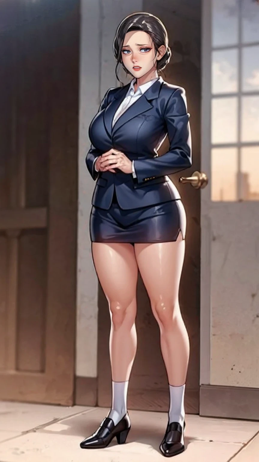 (mesa,high quality,16k:1.1),(Depth of fields:1.3) ,((front body:1.35)),German ,women, ((Business suit, mini skirt)), socks,huge breasts, voluptuous, thick, curves,(looking at the viewer:1.3),(full body shot:1.2),(Beautiful morning view of the city:1.2), high. sexy, mini skirt, pantisocks, long sexy legs, neckline