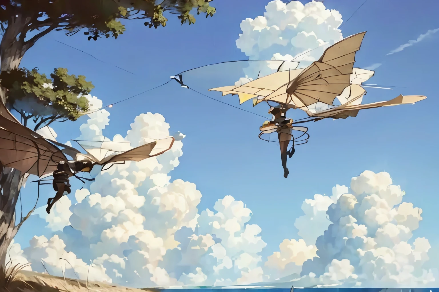 1 girl, A girl piloting a bird-shaped glider, Bird glider , Alone, Flying、Best Quality、High image quality、masterpiece、wallpaper、8k、