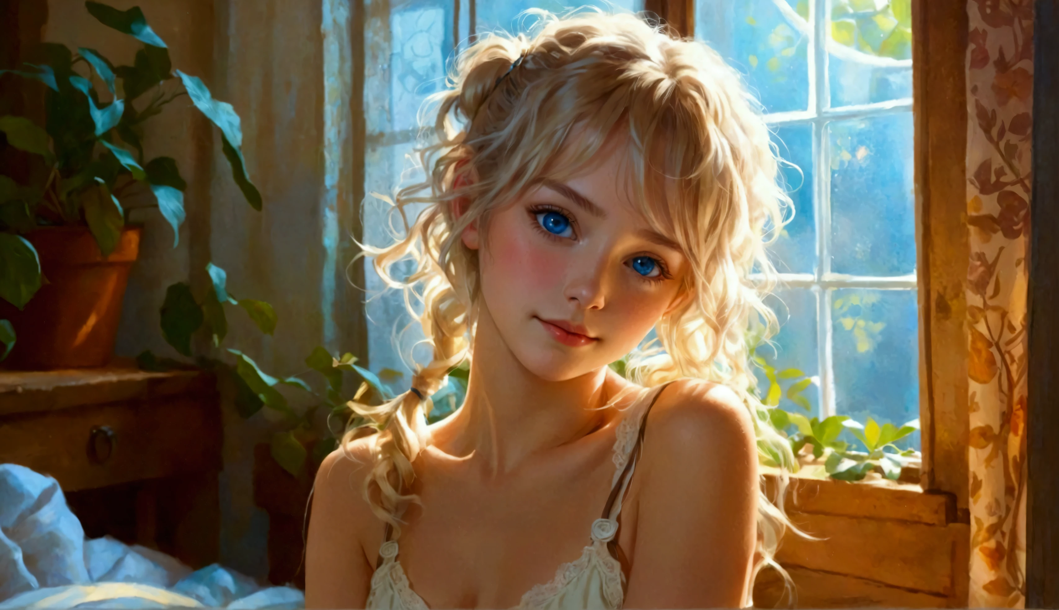 1 girl, ******, Wearing cotton panties, perfect face, petite and skinny, small breasts, blue eyes, light blonde hair, long curly hair, messy hair, twin tails, shy smile, ribbons, realistic, (cowboy shot), indoors, soft lighting, plants in background, window with sunlight, cozy room, relaxed pose, realistic, intricate details, warm colors, by Greg Rutkowski, by Alphonse Mucha Real image, hard nipples, seductive,