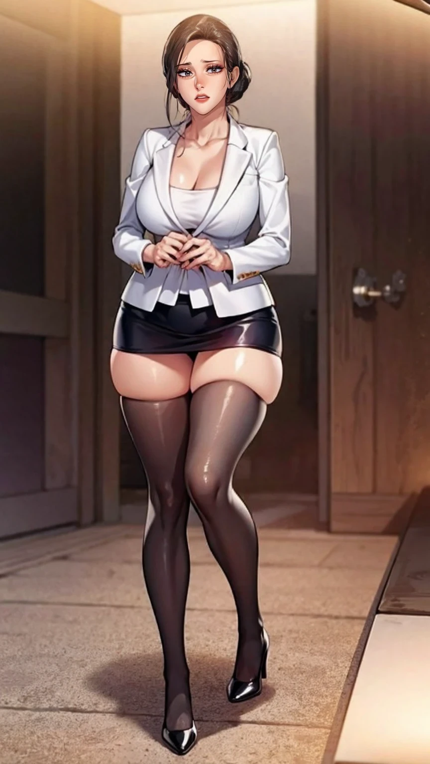 (masutepiece,High quality,16k:1.1),(depth of fields:1.3) ,((front body:1.35)),German ,Woman, ((business suit, mini skirt)), tights,huge breasts, voluptuous, thicc, curvy,(Looking at Viewer:1.3),(full body shot:1.2),(Beautiful Morning view of town:1.2), tall. sexy, mini skirt, pantyhouse, long sexy legs, cleavage