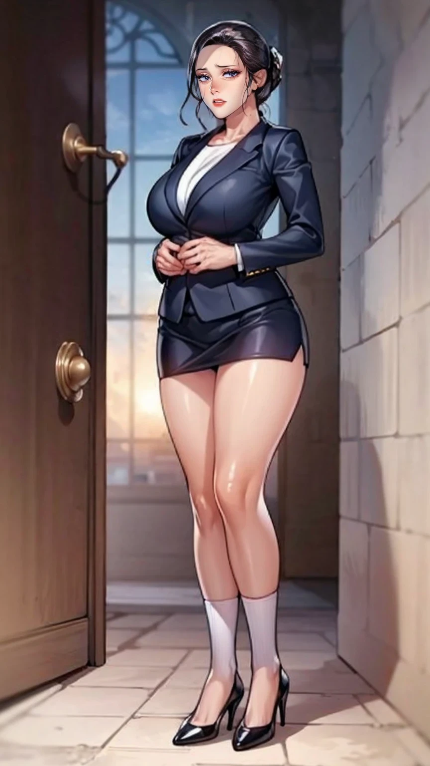 (mesa,high quality,16k:1.1),(Depth of fields:1.3) ,((front body:1.35)),German ,women, ((Business suit, mini skirt)), socks,huge breasts, voluptuous, thick, curves,(looking at the viewer:1.3),(full body shot:1.2),(Beautiful morning view of the city:1.2), high. sexy, mini skirt, pantisocks, long sexy legs, neckline