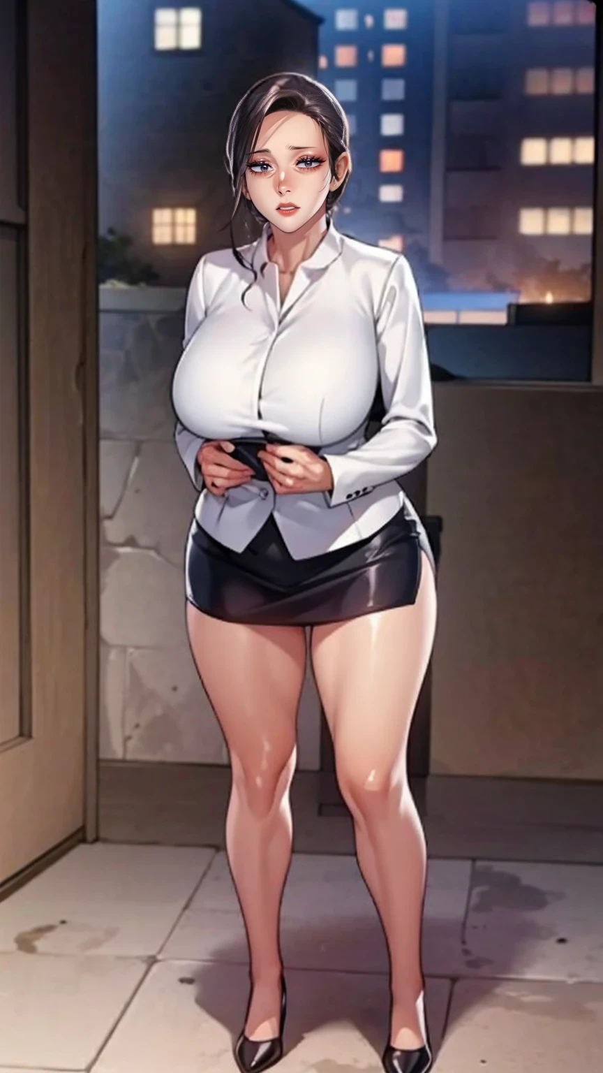 (mesa,high quality,16k:1.1),(Depth of fields:1.3) ,((front body:1.35)),German ,women, ((Business suit, mini skirt)), socks,huge breasts, voluptuous, thick, curves,(looking at the viewer:1.3),(full body shot:1.2),(Beautiful morning view of the city:1.2), high. sexy, mini skirt, pantisocks, long sexy legs, neckline