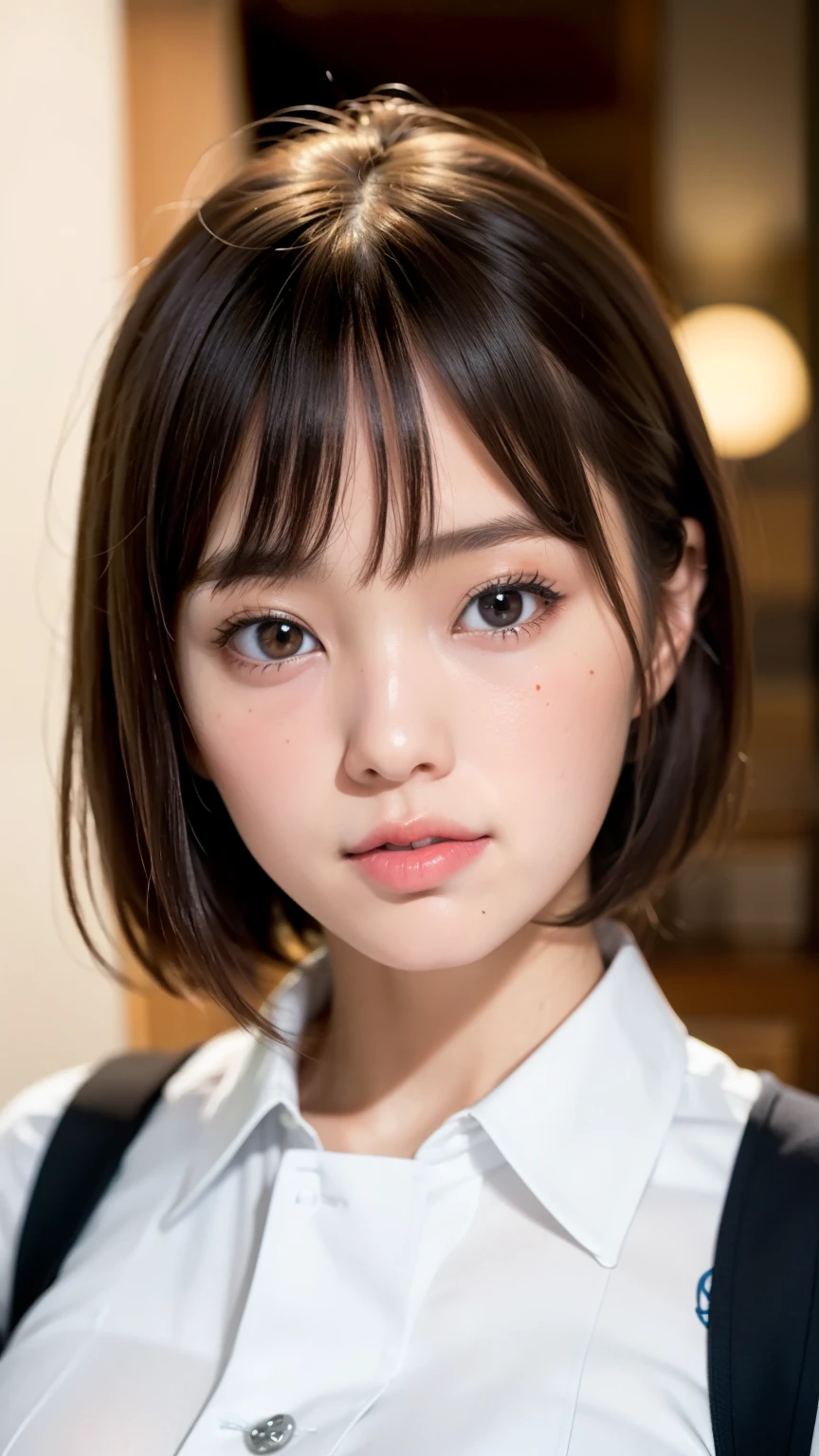 (Facial image:1.25), , (cute), (baby face), (Round face),  one Japanese woman ,  beautiful girl with high breasts, Beautiful Face, (Short straight hair)、(Big Breasts:1.4), ( Viewers), (    standing facing the camera    ), (Natural Mouth)、(Pouting:1.2)、(Student Uniform)