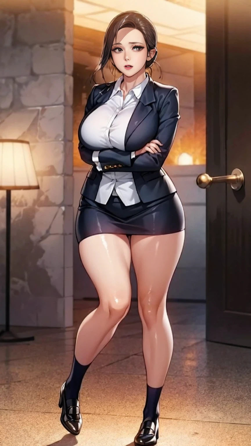 (mesa,high quality,16k:1.1),(Depth of fields:1.3) ,((front body:1.35)),German ,women, ((Business suit, mini skirt)), socks,huge breasts, voluptuous, thick, curves,(looking at the viewer:1.3),(full body shot:1.2),(Beautiful morning view of the city:1.2), high. sexy, mini skirt, pantisocks, long sexy legs, neckline
