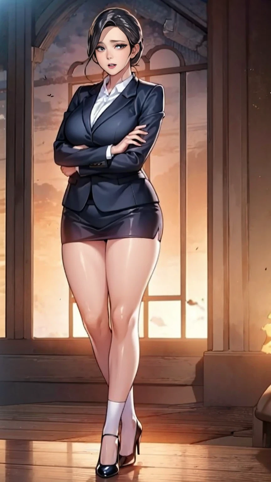 (mesa,high quality,16k:1.1),(Depth of fields:1.3) ,((front body:1.35)),German ,women, ((Business suit, mini skirt)), socks,huge breasts, voluptuous, thick, curves,(looking at the viewer:1.3),(full body shot:1.2),(Beautiful morning view of the city:1.2), high. sexy, mini skirt, pantisocks, long sexy legs, neckline