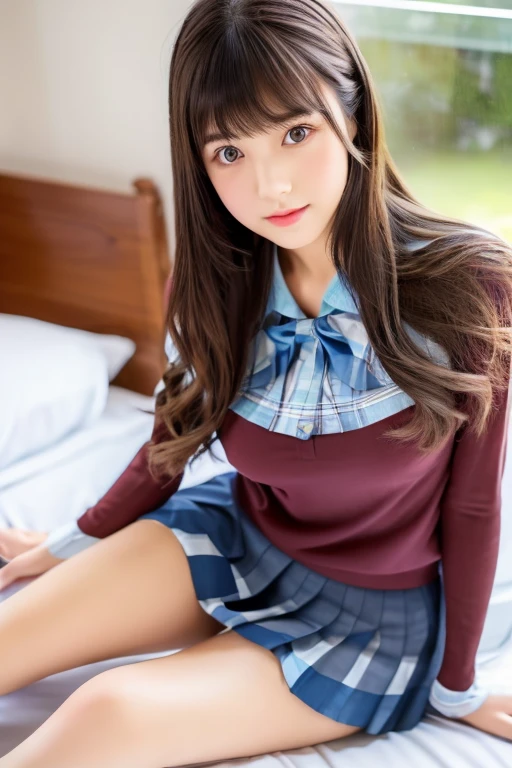 Cute high school girl, ((top-quality, 8k, masterpiece:1.3)),  Skinny Japan Lady,  1 girl, :1.3, Slendegress:1.1, Beautiful and handsome woman with elastic dark brown hair , extra detailed face, Detailed lips, Detailed eyes, Extraordinary cuteness、Full body angle、Sit on the bed、Open legs