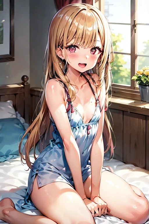 ((Best Quality)), ((masterpiece)), (be familiar with),  perfect face, indoor, bedroom, Watching the audience,
One woman, Kitagawa Marin,
Open Mouth, Ecstatic expression, blush, smile,
Small breasts,  flat chest, , , , Girl,
Long Hair, Long Hair,
Leg spread,