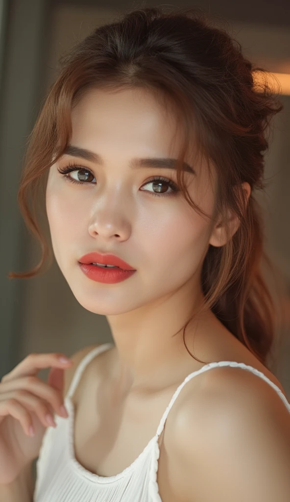 A young woman wearing a simple white dress, beautiful detailed eyes, beautiful detailed lips, extremely detailed face, long eyelashes, elegant pose, serene expression, natural lighting, photorealistic, high resolution, 8k, hyperdetailed, studio lighting, vivid colors, warm color tone, digital painting, realistic portrait, masterpiece