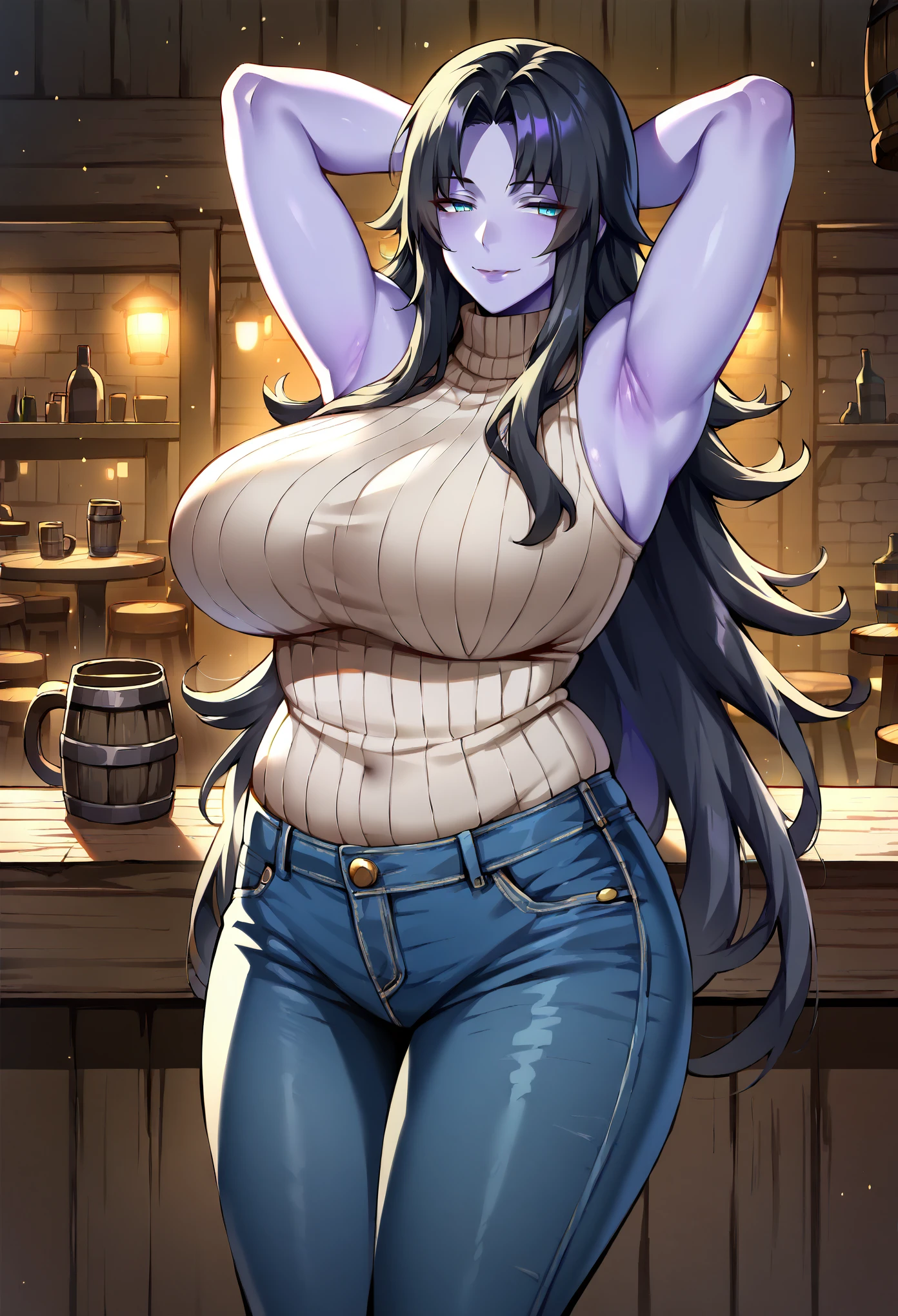 masterpiece, score_9, score_8_up, score_7_up, 1girl, milf, solo, plump, (colored skin, purple skin:1.8), Phantylia, Phan_2nd, (large breasts:1.9), (((black hair), very long hair, parted bangs, long sidelocks, blue eyes, half-closed eyes), parted lips, ((turtleneck sweater, sleeveless, jeans)), ((light smile), closed mouth), ((arms behind head, tavern))