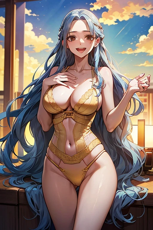 NefertariDef, (((yellow lingerie))), Very detailed、highest quality、Best image quality、masterpiece、8k、Anime Face、A kind smile、Open Mouth、(sky blue long hair:1.5) large breast, big breast, sexy、 beautiful body 、Cowboy Shot, Sexual Intercourse, ((black eyes)), hotel bedroom, 