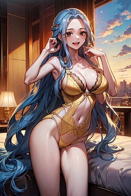 NefertariDef, (((yellow lingerie))), Very detailed、highest quality、Best image quality、masterpiece、8k、Anime Face、A kind smile、Open Mouth、(sky blue long hair:1.5) large breast, big breast, sexy、 beautiful body 、Cowboy Shot, Sexual Intercourse, ((black eyes)), hotel bedroom, 