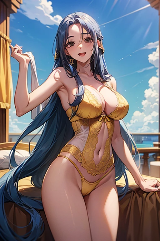 NefertariDef, (((yellow lingerie))), Very detailed、highest quality、Best image quality、masterpiece、8k、Anime Face、A kind smile、Open Mouth、(sky blue long hair:1.5) large breast, big breast, sexy、 beautiful body 、Cowboy Shot, Sexual Intercourse, ((black eyes)), hotel bedroom, 