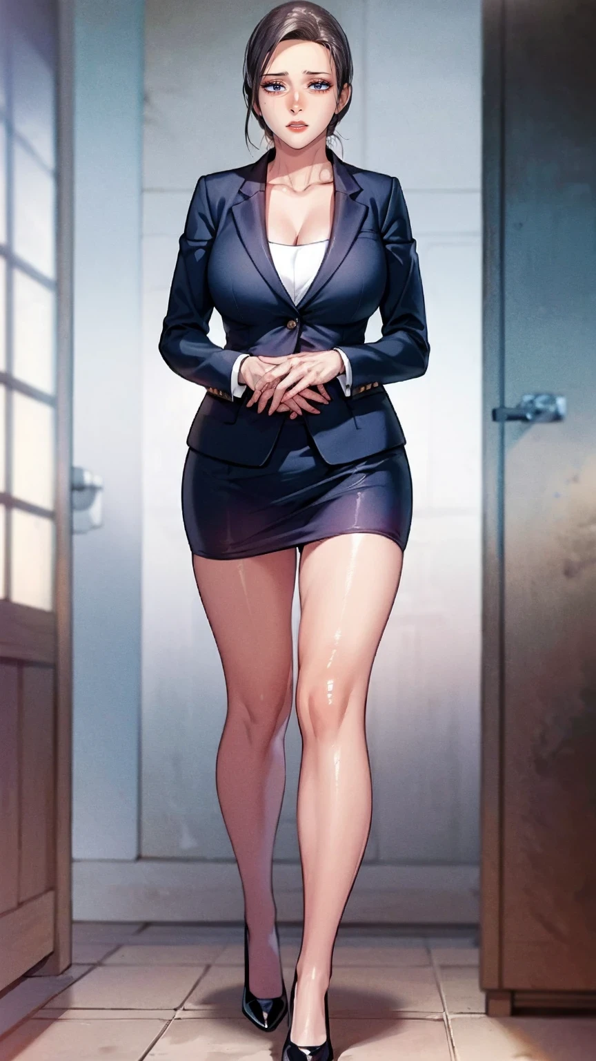 (masutepiece,High quality,16k:1.1),(depth of fields:1.3) ,((front body:1.35)),German ,Woman, ((business suit, mini skirt)), tights,huge breasts, voluptuous, thicc, curvy,(Looking at Viewer:1.3),(full body shot:1.2),(Beautiful Morning view of town:1.2), tall. sexy, mini skirt, pantyhouse, long sexy legs, cleavage