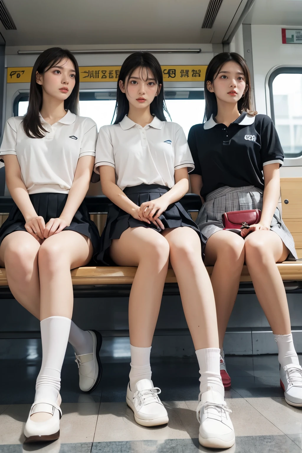 heavy rain, Soaking wet, Long Hair, bangs, (Two Girls:1.2), skirt, Brown Hair, shirt, Black Hair, Short sleeve, Brown eyes,  Long Hair, sitting in Train seat, white polo shirt, pleated skirt, Open clothes, shoes, socks, Striped, collared shirt, Hands behind back, bag, Pantyhose, Brown footwear, , school bag, Wet, (From below:1.2), (Plump breast)