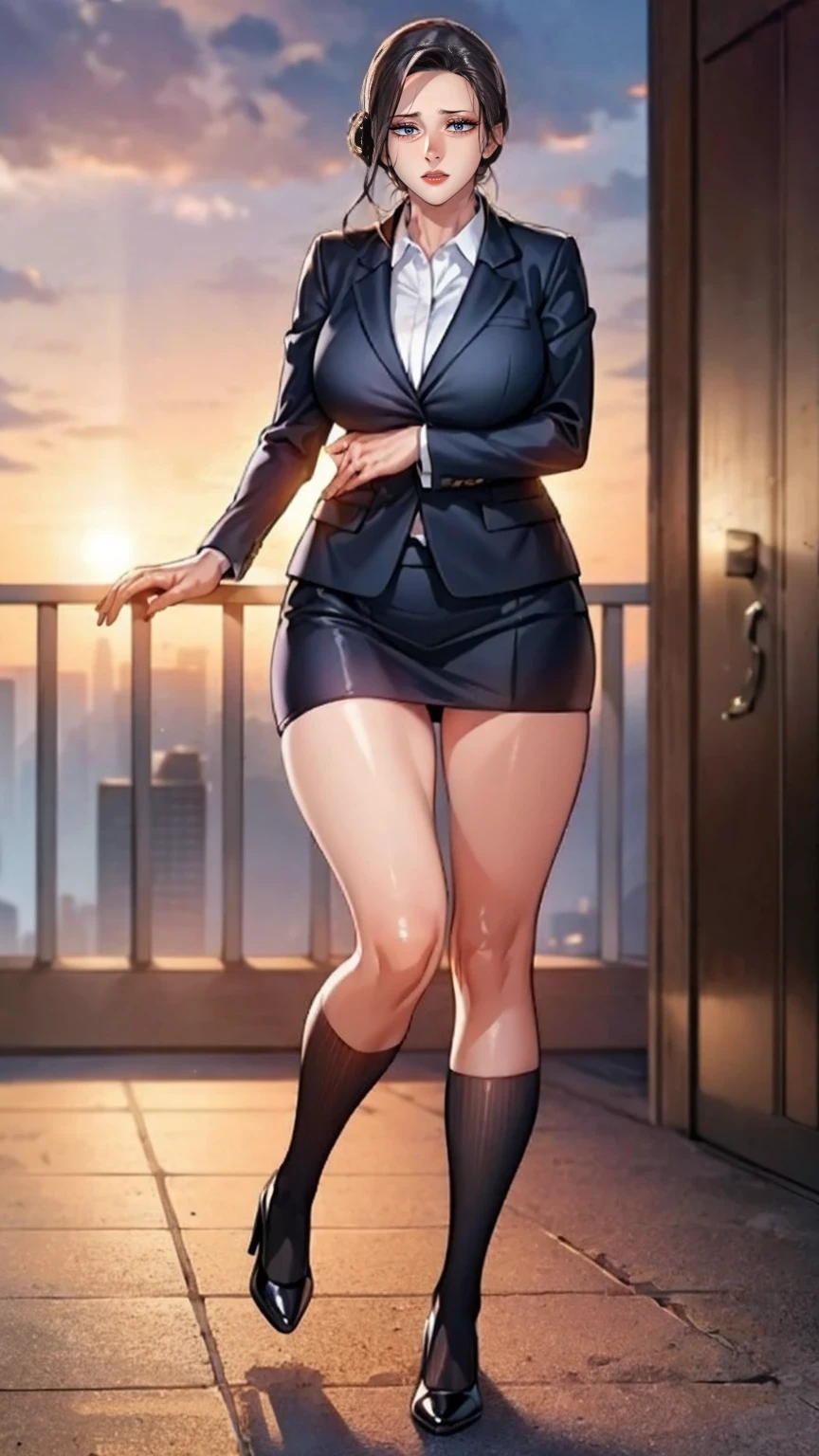 (mesa,high quality,16k:1.1),(Depth of fields:1.3) ,((front body:1.35)),German ,women, ((Business suit, mini skirt)), socks,huge breasts, voluptuous, thick, curves,(looking at the viewer:1.3),(full body shot:1.2),(Beautiful morning view of the city:1.2), high. sexy, mini skirt, pantisocks, long sexy legs, neckline