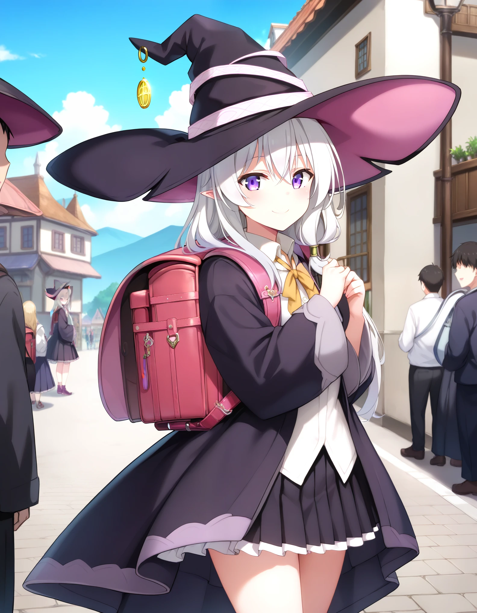 Masterpiece, hd, best quality, detailed, elaina \(majo no tabitabi\),purple eyes, grey hair, white hair, long hair,witch hat,collared shirt,robe,wide sleeves,pleated skirt,frilled skirt,pointy footwear, standing, outdoor, village, fullbody, smile, happy, wearing randoseru backpack, brown color, backpack, big backpack