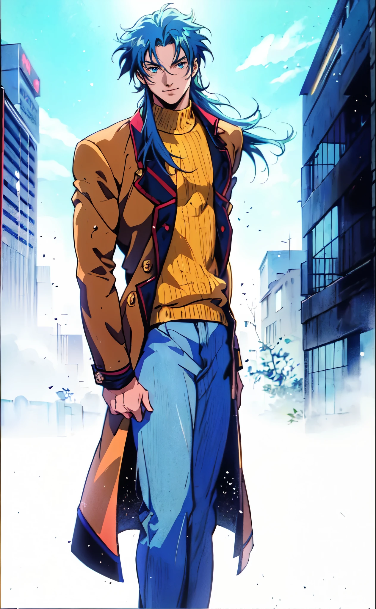 (masterpiece:1.2, best quality:1.2, extremely delicate:1.2), ((male:1.5)), a young man with long dark-blue hair, parted bangs, dignified face, cheerful smile, blue eyes, tall and slender physique, a brown coat, a dark sweater, white trousers, strolling gracefully through the city, a finely crafted 1990s anime style sage character, exquisite and mature 1990s Retro anime art style, OVA anime art style, dramatic, high definition, highres, ultra-detailed, ultra-fine painting, professional, perfect body proportions, golden ratio, anatomically correct, symmetrical face, extremely detailed eyes and face, high quality eyes, creativity, RAW photo, UHD, 32k, Natural light, cinematic lighting, (masterpiece-anatomy-perfect:1.2)