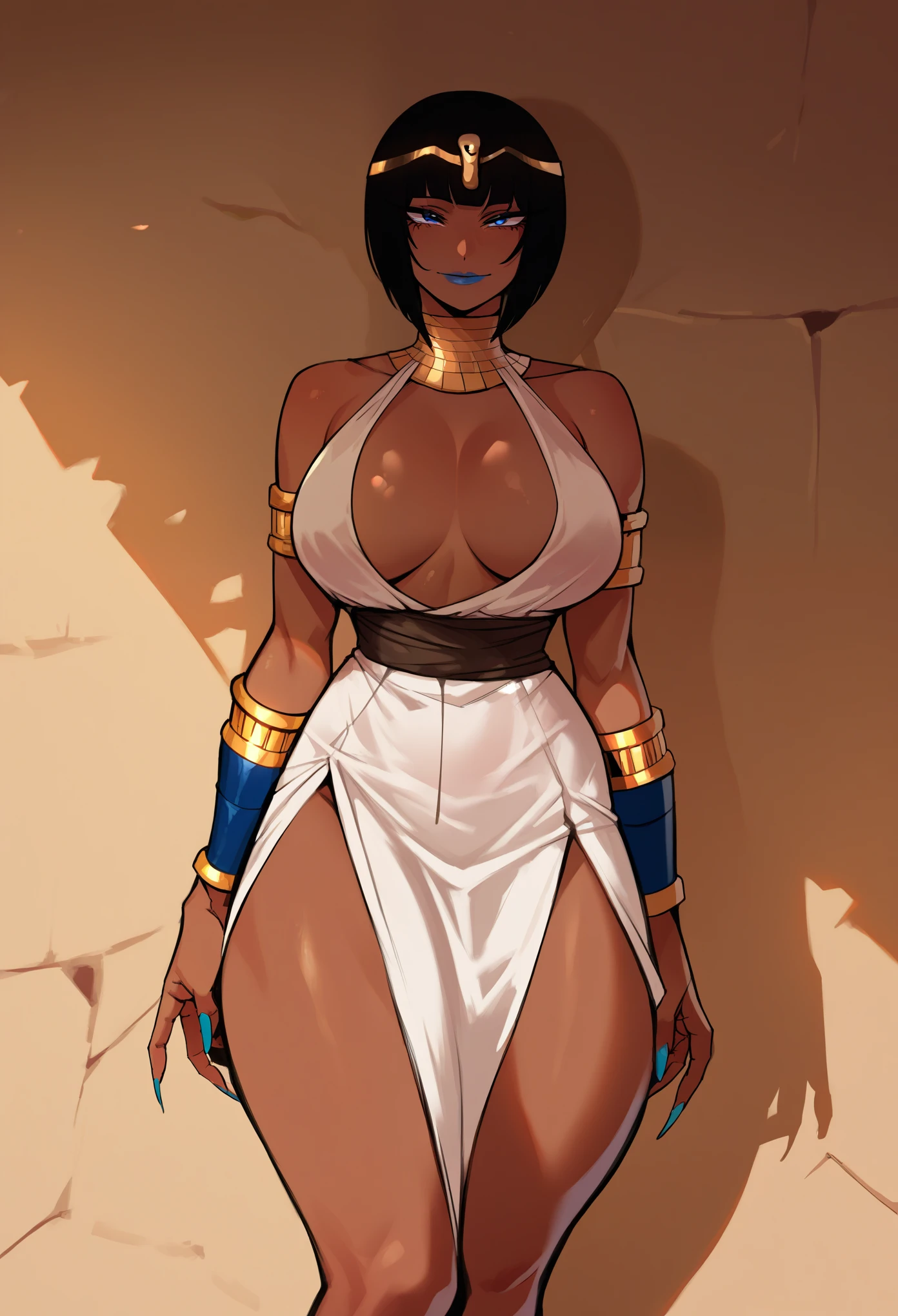 (score_9, score_8_up, seductive face, seductive expression), desert town, woman, tall, brown skin, busty, huge breasts, hourglass figure, toned, blue eyes, black bob cut, seductive smile, long nails, black halter top, plunging neckline, waist ribbon, white skirt, thick thighs, black stilettos, Egyptian circlet, blue lipstick, bracers, soft lighting, shadow, source_anime,