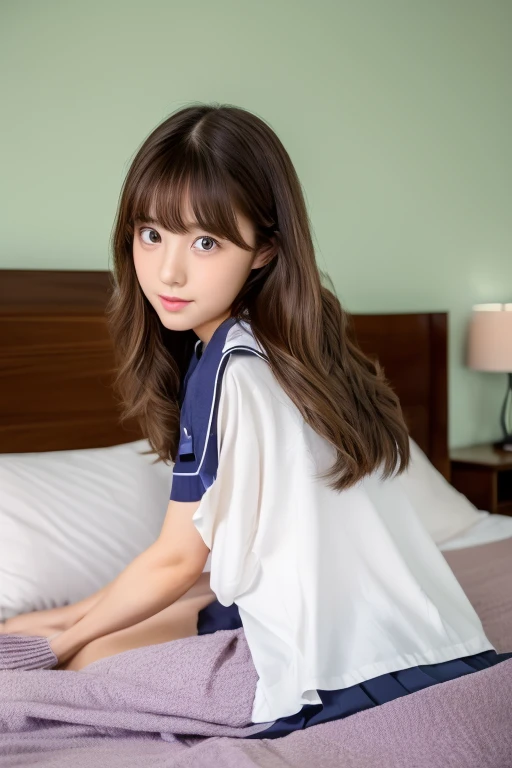  Cute school girl, ((top-quality, 8k, masterpiece:1.3)),  Skinny Japanese woman,  1 girl, :1.3, Slendegress :1.1,  Beautiful and handsome woman with elastic dark brown hair , extra detailed face, Detailed lips, Detailed eyes,  Extraordinary cuteness 、Full body angle、Sit on the bed、Leg spread、Lift up the skirt、