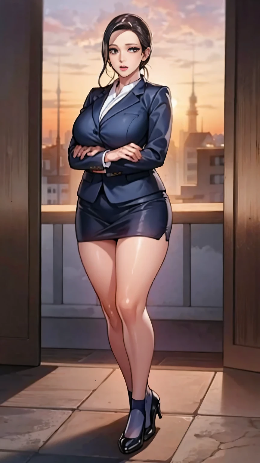(mesa,high quality,16k:1.1),(Depth of fields:1.3) ,((front body:1.35)),German ,women, ((Business suit, mini skirt)), socks,huge breasts, voluptuous, thick, curves,(looking at the viewer:1.3),(full body shot:1.2),(Beautiful morning view of the city:1.2), high. sexy, mini skirt, pantisocks, long sexy legs, neckline