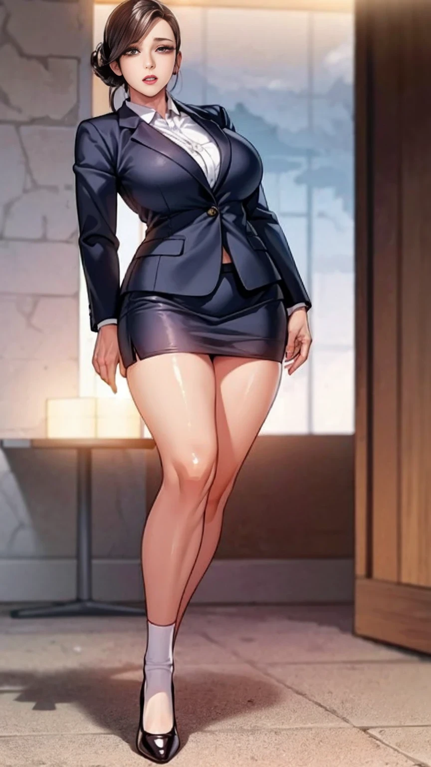 (mesa,high quality,16k:1.1),(Depth of fields:1.3) ,((front body:1.35)),German ,women, ((Business suit, mini skirt)), socks,huge breasts, voluptuous, thick, curves,(looking at the viewer:1.3),(full body shot:1.2),(Beautiful morning view of the city:1.2), high. sexy, mini skirt, pantisocks, long sexy legs, neckline