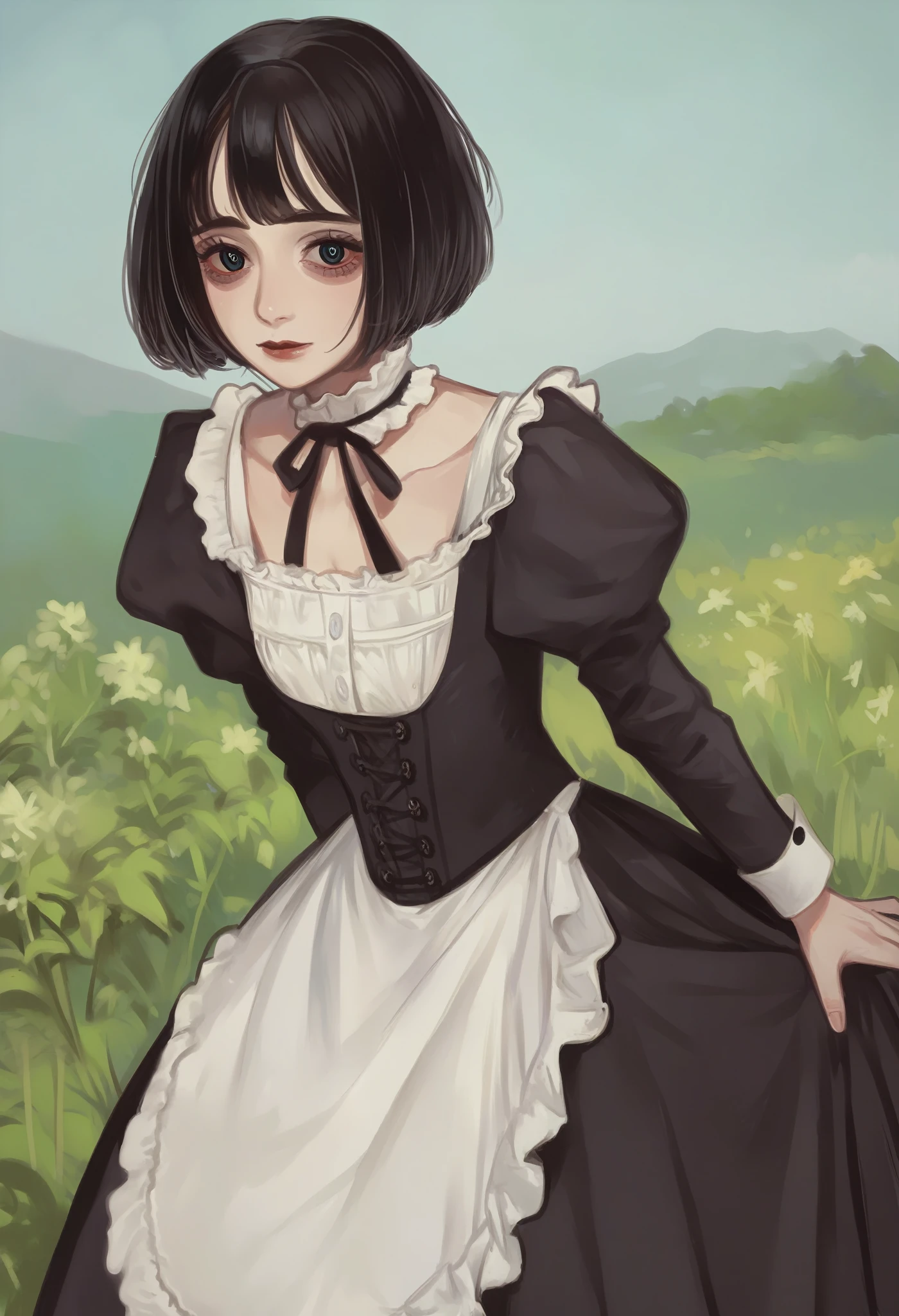 score_9, score_8_up, score_7_up, best quality, BREAK, masterpiece,high quality, 8K, 1girl, small, cute, black hair, bob cut, stitched mouth,  victorian dress, button eyes, 