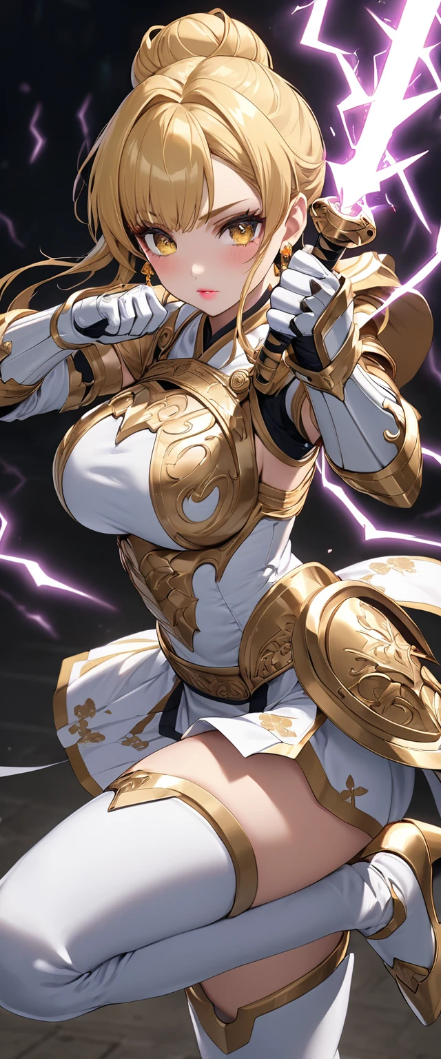 ( perfect anatomy)、 mastepeice 、 Ultra High Quality、 8k、masterpiece、Best Quality、Ultra-high resolution、Maximum resolution、Very detailed、Professional Lighting、anime、woman、thin、so beautiful、Highly detailed eyes、 very detailed face、Golden earrings、Blonde, bun, Yellow Eyes、Detailed armor patterns、Big breasts,  makeup, eyeliner, eye shadow, pink cheek, pink lips, goddess armor, white open mini skirt , full body, gold pattern, white super long boots, white long gloves, female martial artist, high heels, white clawed gauntlets, white cute headgear, gold knee armor, random pose, Striking with magical lightning