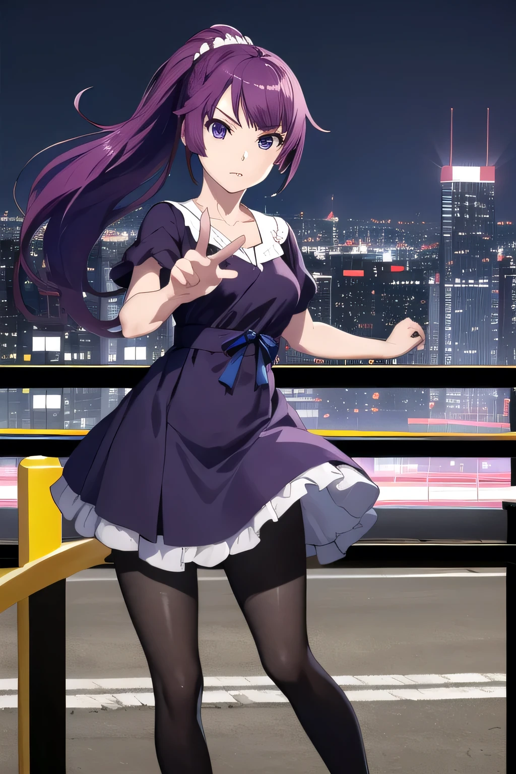 (masterpiece, best quality, detailed), 1girl, solo, hitagisenjougahara, long hair, ponytail, purple hair, ((purple eyes)), medium breasts, bangs, black dress, collarbone, dress, purple blue ribbon, jewelry, ((black pantyhose)), black pantyhose, scrunchie, short sleeves, city backgrouns, scenery, pink lips, serious, ((closed mouth)), (((action pose)))