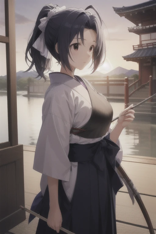 masterpiece, Best Quality, ultra detail ,girl,sunset, ponytail,standing,Large Breasts,Short sleeve,,Bow and Arrow,breastplate,target,aiming target,(breastplate), in the same way,Japanese clothing,Japanese Dojo, drawing bow, (Perfect hands,  Perfect Anatomy),, Azusa, long hair, Ahoge