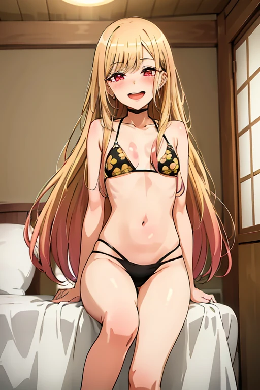 ((Best Quality)), ((masterpiece)), (be familiar with),  perfect face, indoor, bedroom, Watching the audience,
One woman, Kitagawa Marin,
Open Mouth, Ecstatic expression, blush, smile,
Small breasts,  flat chest, , , , Girl,
Long Hair, Long Hair,
Leg spread,