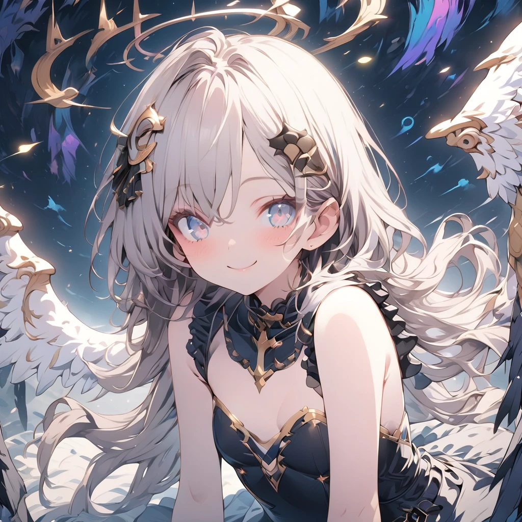 Absurd,anime,Detailed and beautiful eyes,(art),(artistic clothing:1.5),angel,gray hair,smile,(a girl:1.5),from the waist up,(small breasts:1.2),(small chest:1.2),mysterious,fallen Angel,Hello,(Large detailed hair ornament:1.2),(look away:1.5),detailed clothes,Flashy Moves,Mechanical,masterpiece, moe kawaii,abyss,luster,lame,(ultra detailed:1.2), ((highest quality)) ,Extremely Delicately Beautiful ,64k