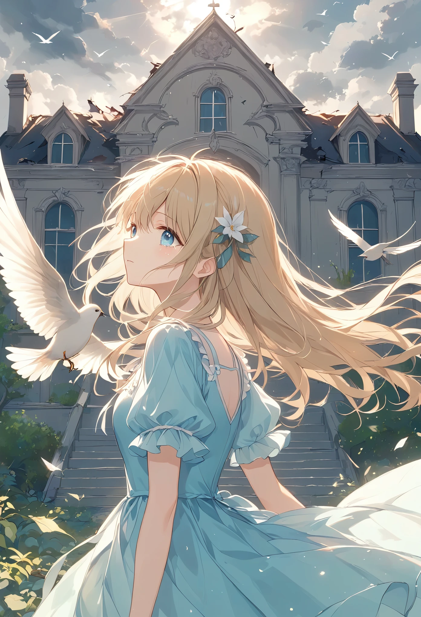 Light line drawing、Pale colors、(( Sunlight shines through overcast clouds、Burnt down mansion、light blue dress with soot))、Girl standing in the garden、Blonde、Long Hair、tears、Look at the sky、Birds fly, profile close-up 