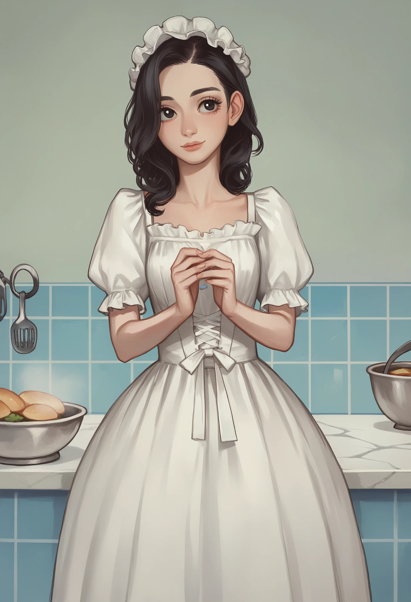 score_9, score_8_up, score_7_up, best quality, BREAK, masterpiece,high quality, 8K, 1girl, small, cute, black hair, hair between eyesvictorian dress,, kitchen background,