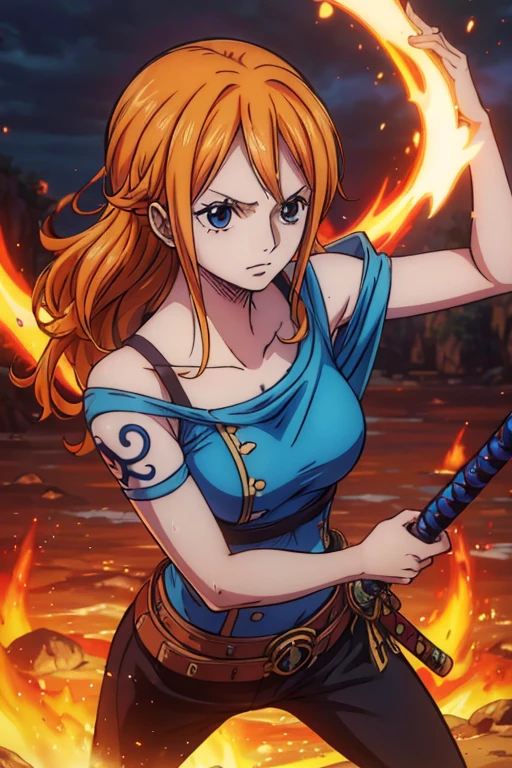  (Best Quality, 4K, 8k,  High Resolution , masterpiece:1.2), Super detailed, (Realistic, photoRealistic, photo-Realistic:1.37), Preserve anime style,Nami from One Piece,Pale orange hair ,Left shoulder tattoo,魔法sword士, Western Armor,sword,swordを振るう,彼女は有能な氷魔法sword士である, The World of Blue Lightning ,(氷魔法swordの威力)