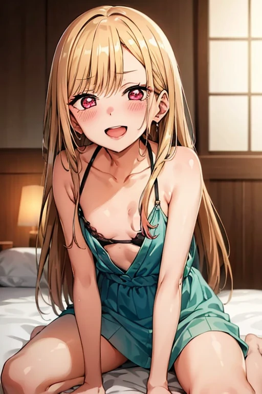 ((Best Quality)), ((masterpiece)), (be familiar with),  perfect face, indoor, bedroom, Watching the audience,
One woman, Kitagawa Marin,
Open Mouth, Ecstatic expression, blush, smile,
Small breasts,  flat chest, , , , Girl,
Long Hair, Long Hair,
Leg spread,