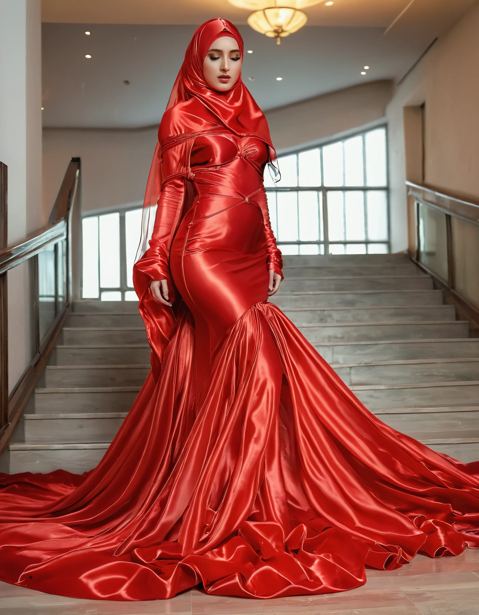 A woman shrouded in a 8-meter-long, plush red transparent satin cloth, tightly bound and grandly draping along the form of her body, flowing off into a pooled floor-length train, styled in a mermaid-inspired outfit,transparent outfit, her head modestly veiled in a satin hijab, sexy,185cm height woman, walk in office stair, a full-body pose conveying a sense of elegance, captured in a 4k resolution, ultra-realistic