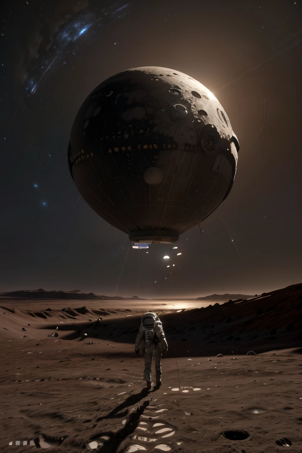 a space module landing on the surface of a planet, 8k highly detailed, photorealistic, cinematic lighting, dramatic, epic scale, realistic space shuttle, moon rover, astronaut walking on the moon, startrek flag, craters, rocky terrain, planets or moons visible in the background, dramatic shadows, vivid colors